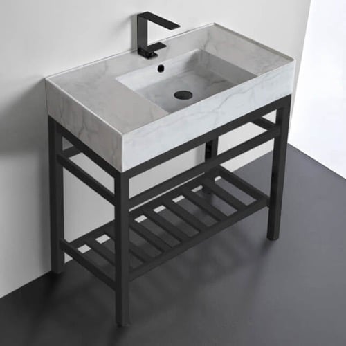 Modern Marble Design Ceramic Console Sink and Matte Black Base, 32 Inch Scarabeo 5123-F-CON2-BLK